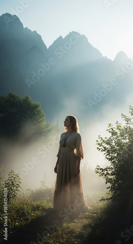 woman, dress, long dress, flowing, light, sunlight, sunbeam, misty, foggy, mountains, peaks, landscape, natural, meadow, grass, trees, bushes, foliage, nature, serene, peaceful, tranquil, morning, daw
