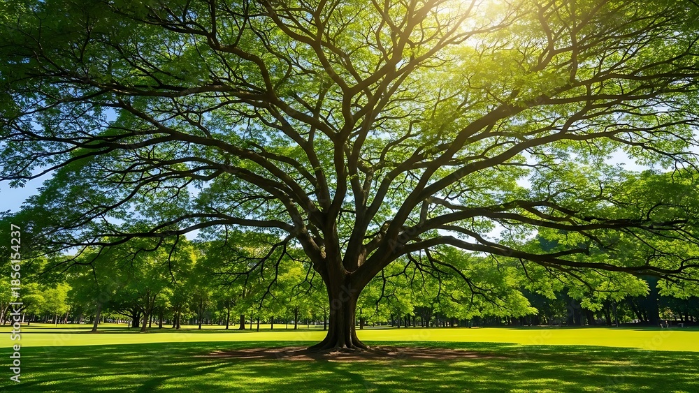 Obraz premium Majestic old tree with sprawling green canopy illuminated by bright sunlight in a vibrant park