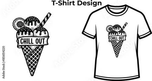 T-shirt design of Chill out typography with melting ice cream for summer logo, cold sweet dessert badge, tasty food emblem and isolated on transparent snack graphic illustration