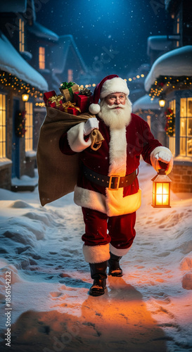 Santa Claus with a lantern in a snowy village