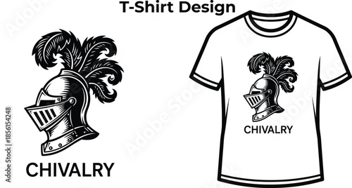 T-shirt design of Chivalry typography with knight helmet profile for medieval logo, ancient warrior armor badge, history battle emblem and isolated on transparent combat graphic illustration