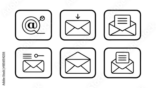 Set of six black and white line art icons representing email correspondence and communication concepts, including an envelope with a letter and an at symbol