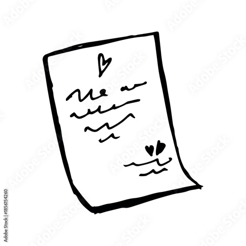 Hand drawn love note with hearts, handwritten romantic letter in black line art. Minimal doodle illustration for love messages, wedding design, stationery, greeting cards and branding.