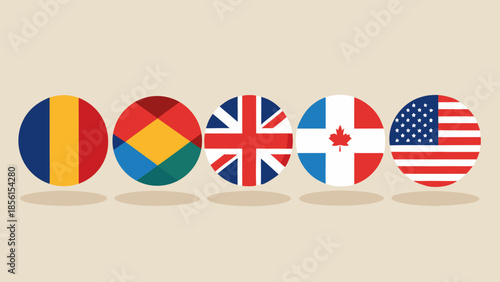 Collection of Circular Flags Representing Different Nationalities and Global Communication