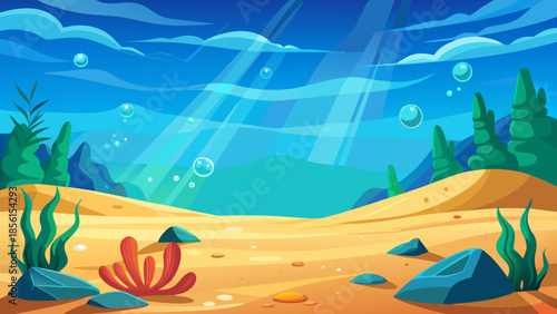 Underwater scene with marine life, sunlight filtering through blue ocean water, creating shimmering rays, sandy seabed with rocks and seaweed, and floating bubbles