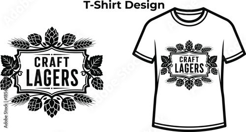 T-shirt design of Craft lagers typography with hops and wheat for brewery logo, beer drink badge, pub alcohol emblem and isolated on transparent bar graphic illustration