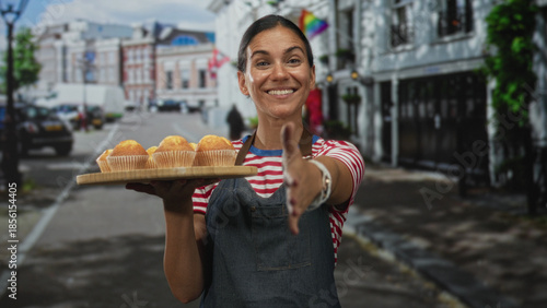 Photography Young hispanic woman in apron holding a tray of muffins and extending her hand for a handshake on a city street, smiling warmly; welcome