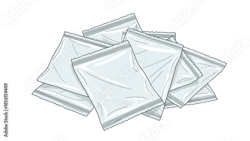 Pile of clear plastic sachets with serrated edges, often used for single-serving portions of sugar, salt, or condiments.