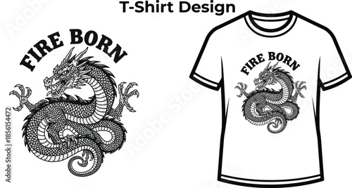 T-shirt design of Fire born typography with chinese dragon for fantasy logo, mythical creature animal badge, asian culture emblem and isolated on transparent legend graphic illustration