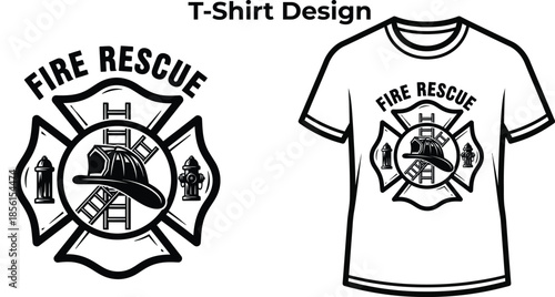 T-shirt design of Fire rescue typography with helmet and axes for firefighter badge, emergency safety service emblem, brave hero symbol and isolated on transparent graphic illustration