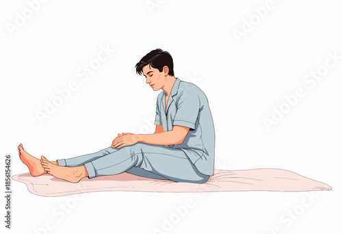Illustration of a Young Man in Pajamas Sitting on a Mat Stretching and Relaxing in a Calm and Peaceful Setting with Gentle Expression