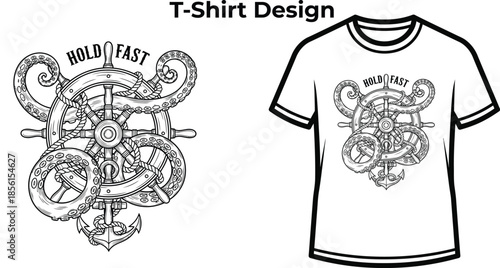 T-shirt design of Hold fast typography with ship wheel for nautical logo design, sea ocean travel badge, marine sailor emblem and isolated on transparent navigation graphic illustration