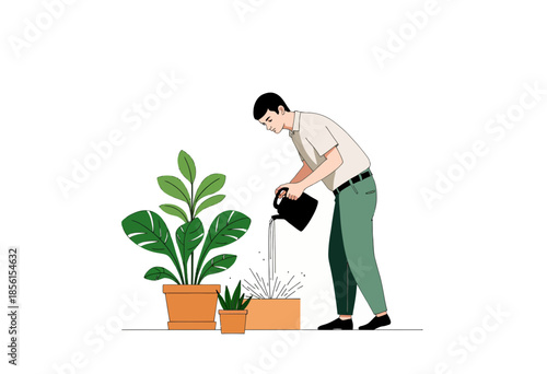 Illustration of a Person Engaged in Plant Care by Watering Indoor Houseplants with a Black Watering Can in a Peaceful Home Environment
