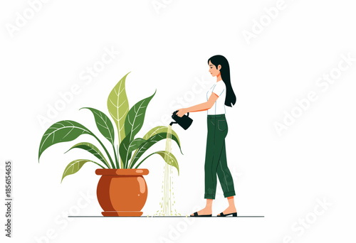 Illustration of a woman in casual attire watering a large potted plant with a watering can, depicting a gardening and plant care theme