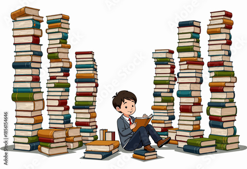 Young Boy Surrounded by Massive Towers of Books, Immersed in Reading Adventure in a Colorful World of Literary Knowledge and Imagination