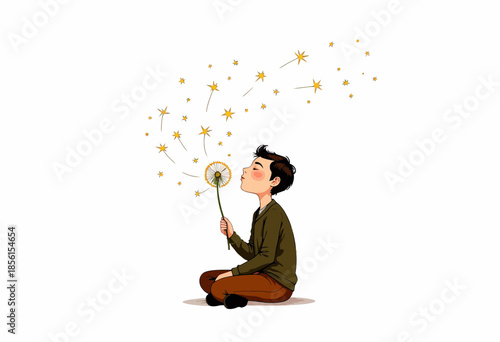 Illustrative Moment Capturing a Young Boy Blowing on a Dandelion with Stars Flowing Through the Air in a Whimsical and Dreamlike Expression of Wonder