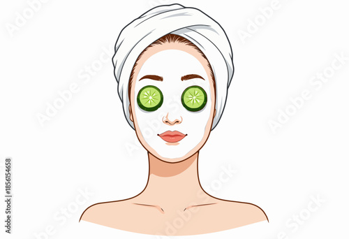 Illustration of a Woman Enjoying a Relaxing Facial Treatment with a Towel and Cucumber Slices for a Rejuvenating Spa Day Experience