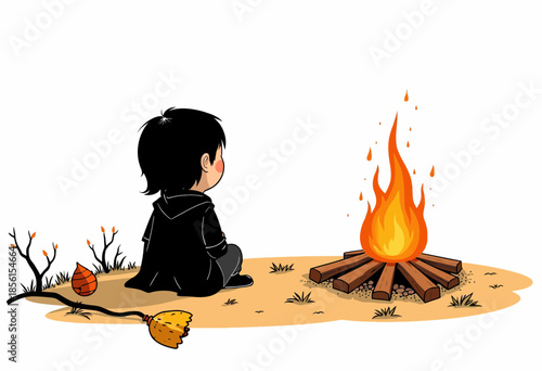 A Young Witch Sitting by a Campfire with Broom and Fall Foliage on a Calm Autumn Evening under a Clear Sky