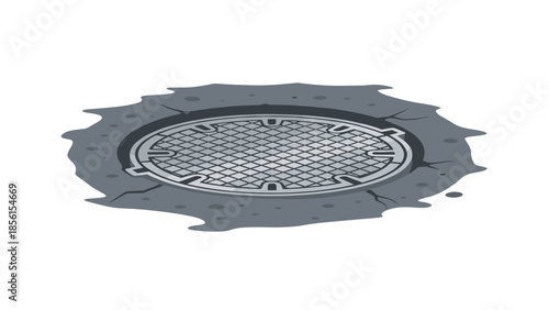 Damaged asphalt road with visible cracks surrounding a circular manhole cover, indicating wear and tear in urban infrastructure.