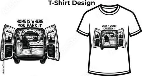 T-shirt design of Home is where you park it typography with camper van for travel logo, outdoor adventure badge, summer holiday emblem and isolated on transparent graphic illustration