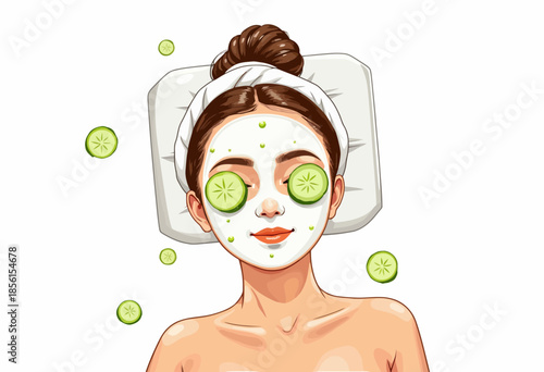 Illustration of a woman relaxing with a rejuvenating facial mask and cucumber slices, exemplifying a serene skincare routine through natural and refreshing treatments.