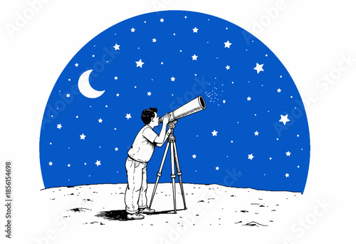 Young Astronomer Gazing through Telescope on Moonlit Night to Explore Starry Universe and Celestial Wonders Under a Deep Blue Star-Filled Sky