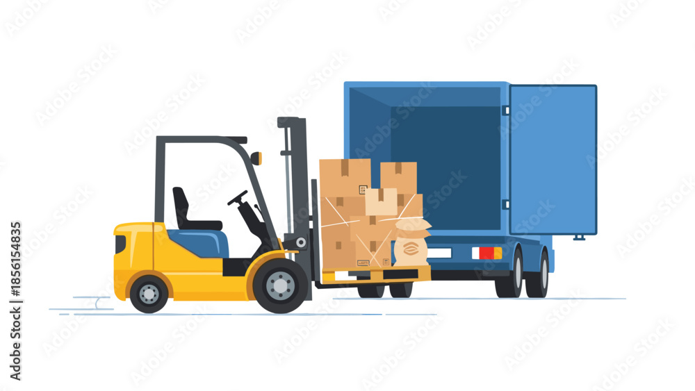 Naklejka premium Efficient forklift loading a stacked pallet of cardboard boxes into the rear of an open blue semi-truck, showcasing a streamlined logistics process.