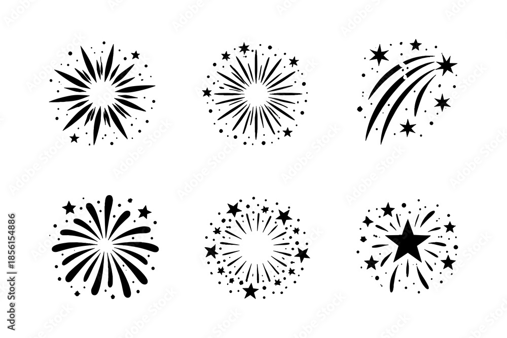 Obraz premium Simple black starburst and firework icons set for celebrations