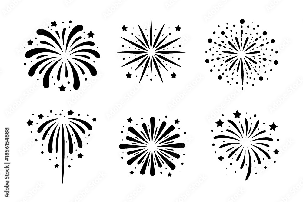 Obraz premium Festive fireworks silhouettes set with star accents for celebration designs