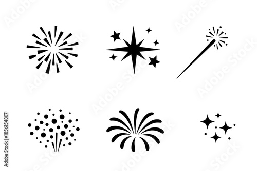 Black and white fireworks icon set: diverse designs for celebration graphics