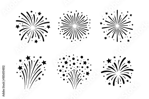 Set of black and white firework bursts with star patterns