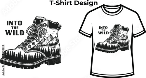 T-shirt design of Into the wild typography with hiking boot for mountain logo, outdoor nature travel badge, adventure camping emblem and isolated on transparent landscape graphic illustration