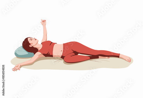 Illustration of a Woman Practicing a Relaxing Yoga Pose Lying on Her Back with One Arm Raised and Eyes Closed on a Cushion Supporting Her Head