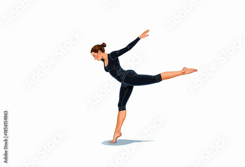 Elegant Woman in Black Bodysuit Performing Graceful Dance Pose with Outstretched Arms and Legs in Minimalistic White Space Setting