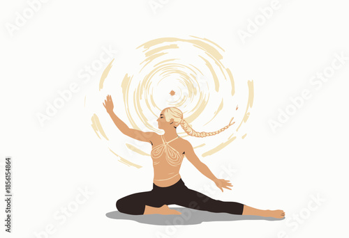 Illustration of a Woman Practicing Yoga in a Graceful Pose with an Abstract Circular Pattern in the Background, Conveying a Sense of Serenity and Balance