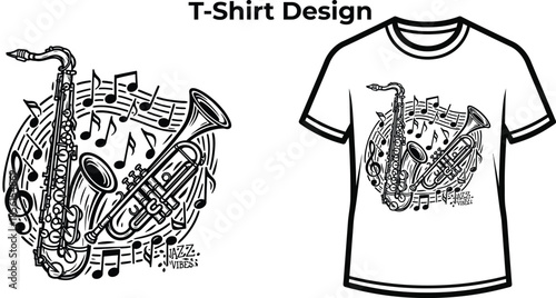T-shirt design of Jazz music saxophone illustration for concert logo design, classic melody sound badge, orchestra instrument emblem and isolated on transparent audio graphic sketch