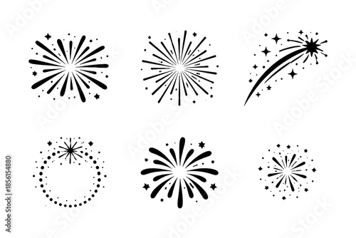 Festive fireworks icons in black silhouette style for celebrations