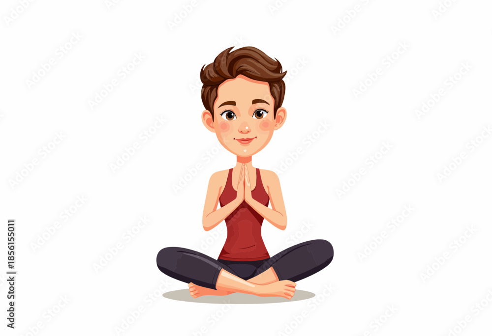 Fototapeta premium Illustration of a Person Meditating in a Peaceful Sitting Position with Hands Together and Eyes Closed on a White Background