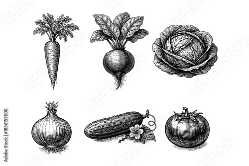 Vintage botanical drawings of vegetables in black and white