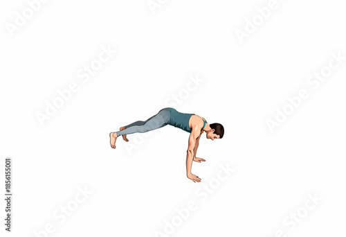 Illustrated Demonstration of a Person Performing a Plank Pose in Light-Colored Athletic Outfit Against a Minimalist Background