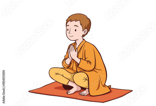 Illustration of a Young Monk Meditating Peacefully in Traditional Orange Robes on a Simple Yoga Mat with a Relaxed and Content Expression