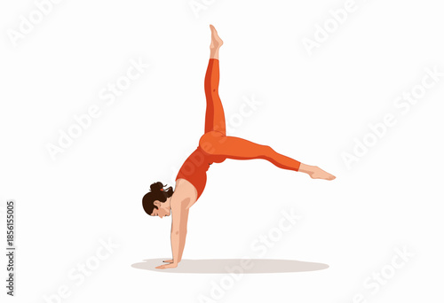 Illustration of a woman balancing in a strong and elegant yoga handstand pose, wearing bright orange athletic leggings and a matching tank top, set against a white background