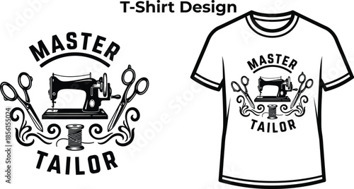 T-shirt design of Master tailor typography with sewing machine for fashion logo, clothing repair badge, handmade textile emblem and isolated on transparent industry graphic illustration