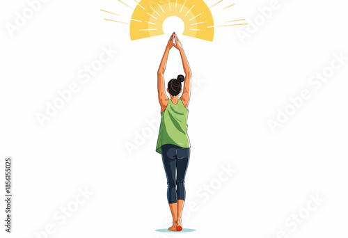 Illustration of a Woman Practicing Yoga Outdoors in a Peaceful Sunrise Setting with Stylized Sun and Fresh Atmosphere for Mental and Physical Well-being