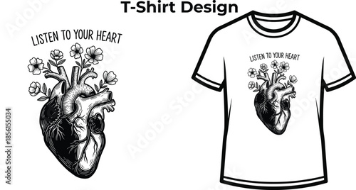 T-shirt design of Listen to your heart typography with anatomical organ for medical logo, biology love badge, human life emblem and isolated on transparent science graphic illustration