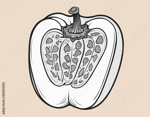 Monochrome Bell Pepper Cut Away Showing Seeds in Detailed Woodcut Style
