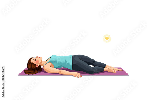 Illustration of a Woman Practicing Restorative Yoga Pose for Relaxation on a Purple Mat with Heart Symbol Background for Wellness and Balance