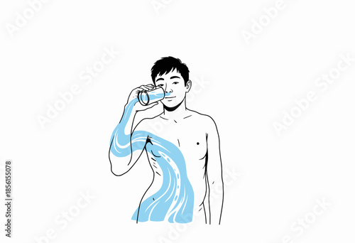 Illustration of a Person Drinking Water with Creative Blue Water Flow Effect Integrating with Body Representing Hydration and Wellness