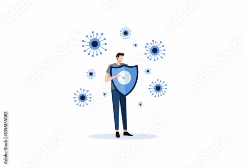 Illustration of person holding a shield to symbolize protection against viruses representing immune defense and personal safety measures against illness