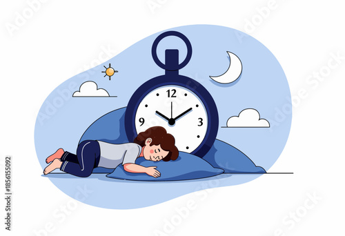 Illustration of a Person Sleeping Peacefully with a Large Pocket Watch Symbolizing Relaxation and Rest Amidst a Daytime and Nighttime Sky